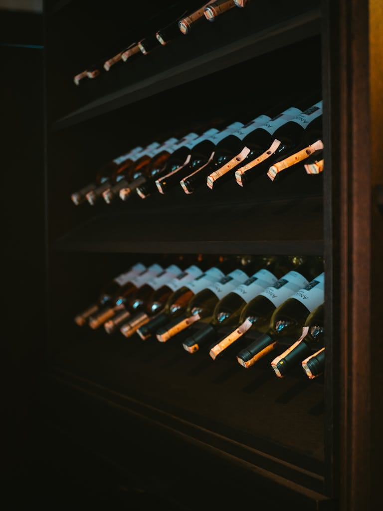 A dimly lit cellar with rows of wine bottles stored on shelves, creating a moody atmosphere.