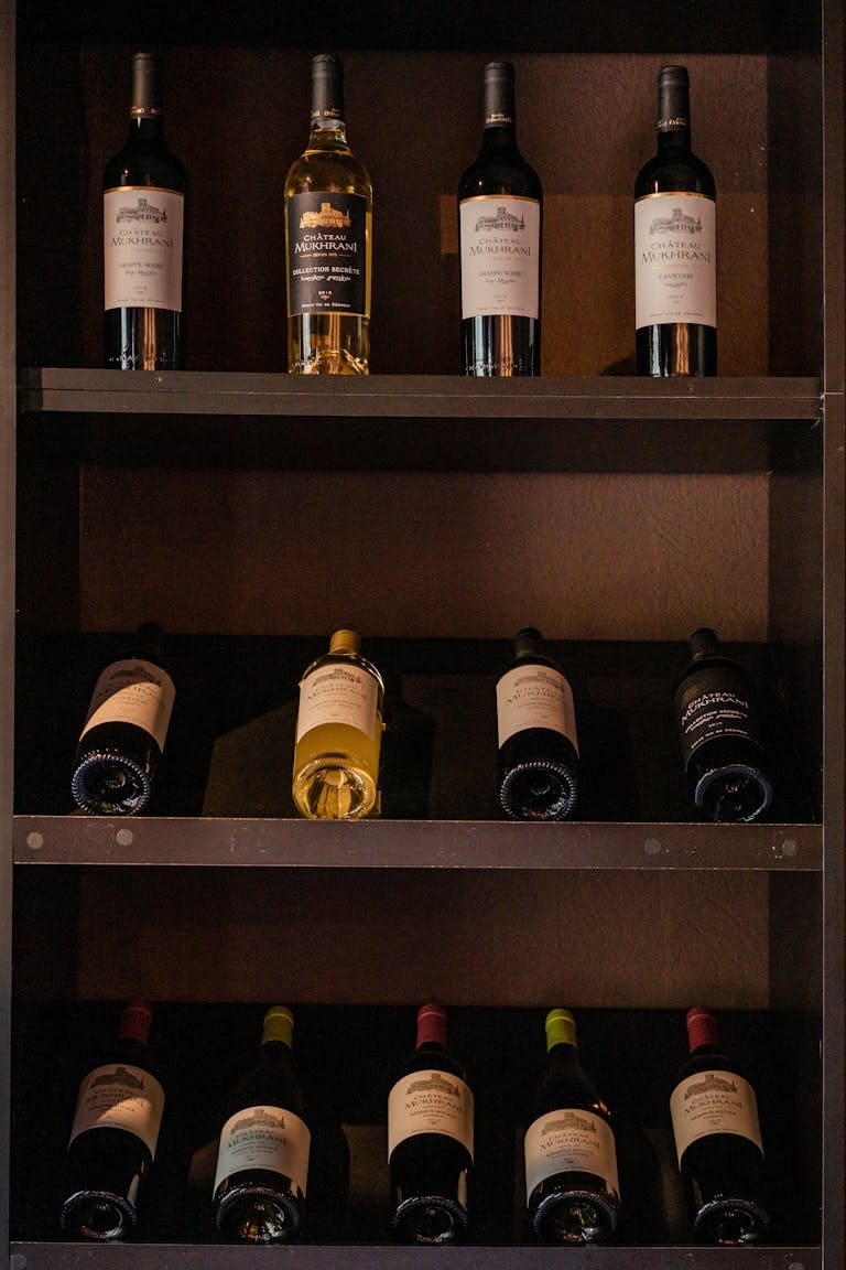 A diverse collection of red and white wine bottles arranged on a shelf in a wine bar.