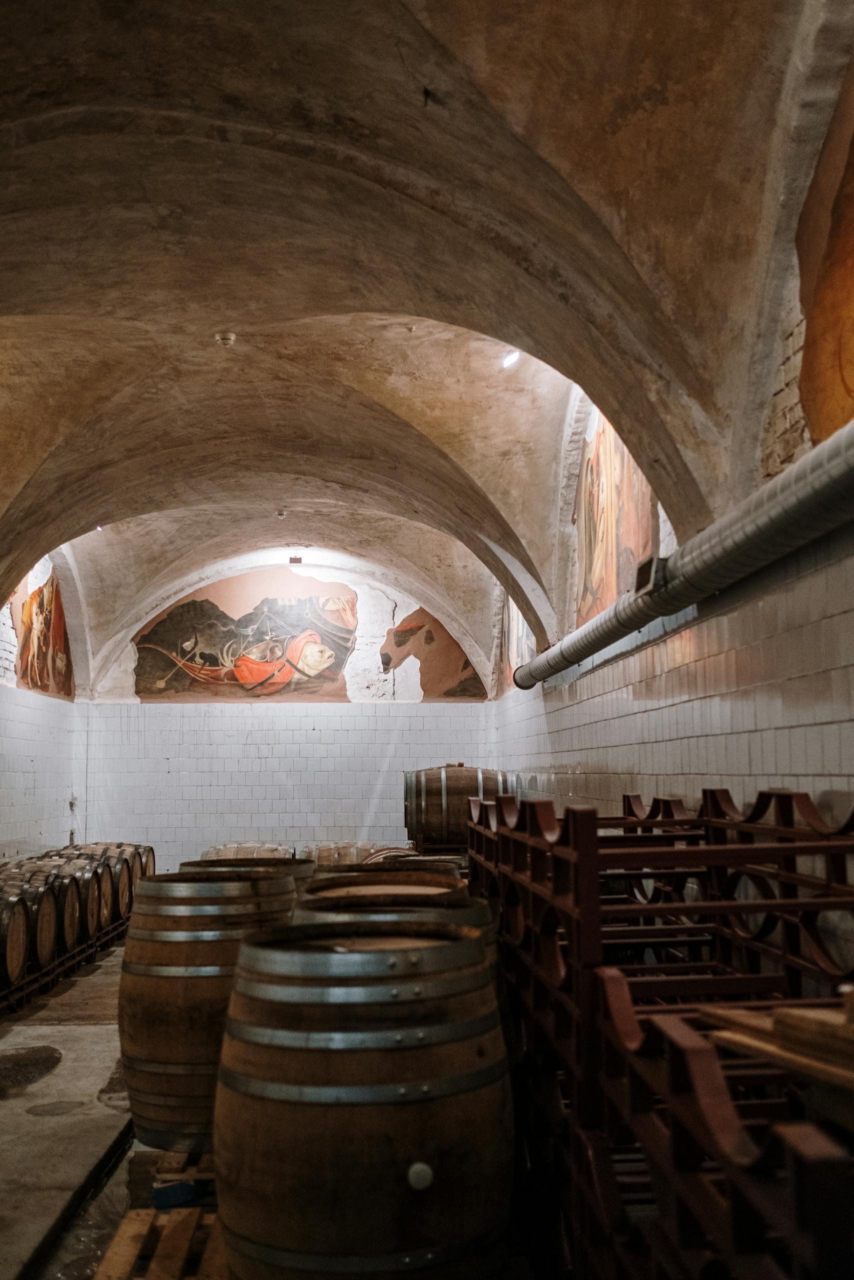 Atmospheric wine cellar featuring wooden barrels and arched ceilings.
