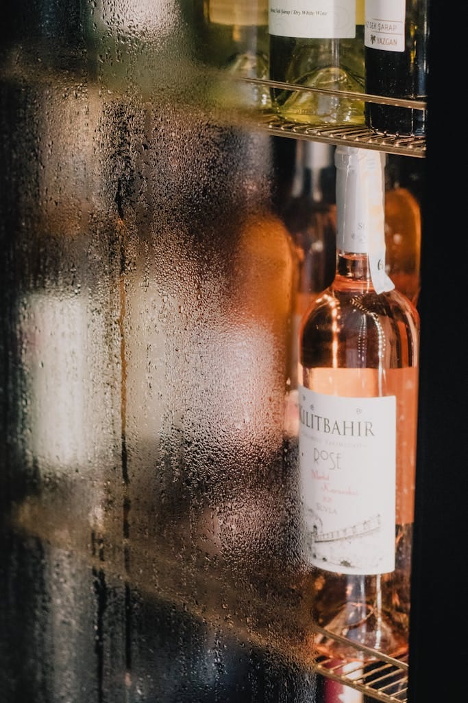 Close-up of wine bottles with moisture in a refrigerated display cabinet.