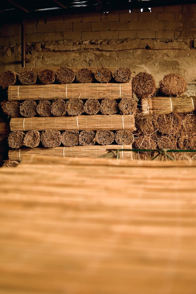 Rows of handmade straw mats arranged in a rustic cellar, showcasing natural texture and craftsmanship.